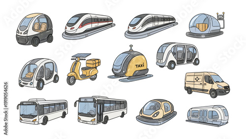 Innovative Urban Transportation: A collection of cutting-edge vehicles, representing the future of urban mobility. These futuristic designs showcase various modes of transport.
