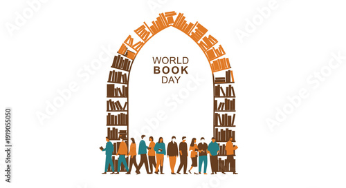 World Book Day icon collection. Includes literacy, reading, education, and book symbols. Created in colorful vector style with brown and orange palette.