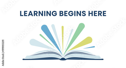 Education and learning vector icon, featuring an open book with colorful rays, symbolizing knowledge and growth.