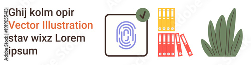 Identity verification, data organization, document archival, cybersecurity, access control, secure storage. A fingerprint icon, file folders and a plant. Identity verification and data organization