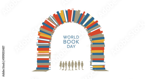 World Book Day icon with books arch and people, literacy celebration symbol. Includes book arch, people, World Book Day text. Created in colorful vector style with vibrant palette.