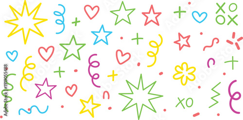 Colorful doodles of stars hearts and symbols on white background