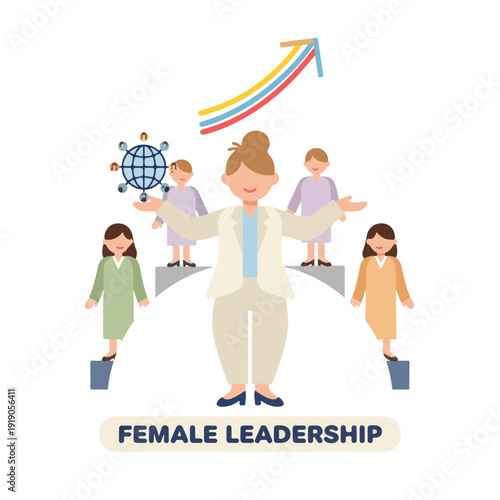 A vibrant illustration depicts a female leader with outstretched arms, fostering a global network of women and symbolizing growth.