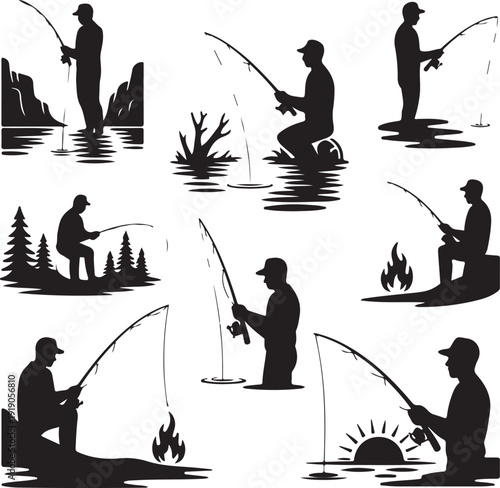 silhouette of people fishing in various landscapes and environments  men with fishing rods