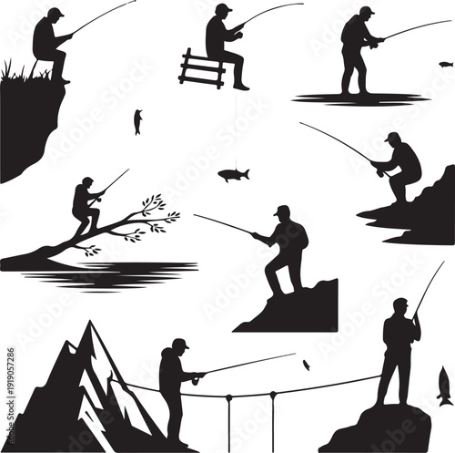 Silhouette of people fishing in various poses and locations outdoors