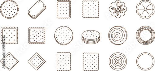 Professional vector icon set featuring various minimalist line drawings of biscuits, cookies, and crackers for bakery and snack branding