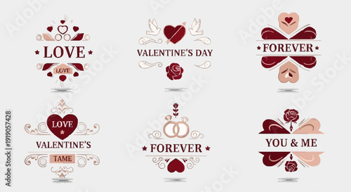 Elegant Valentine’s Day emblem set with premium ornamental shapes, romantic icons and refined typography, luxury minimal vector style, clean geometry, isolated elements, commercial design assets.