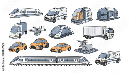 Future Transport Vision: A comprehensive illustration of innovative transport solutions, encompassing high-speed trains, autonomous vehicles, and futuristic designs.