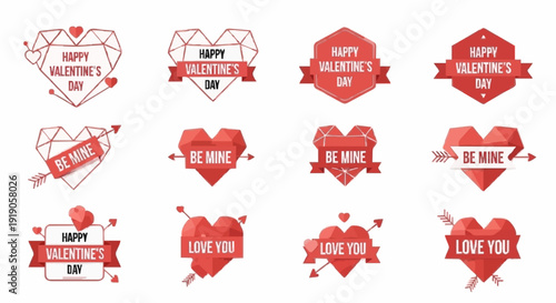 Contemporary Valentine’s Day badge and emblem pack designed for cards and social media, geometric heart icons, modern typography layout, clean vector shapes, unique compositions, brand-free commercial