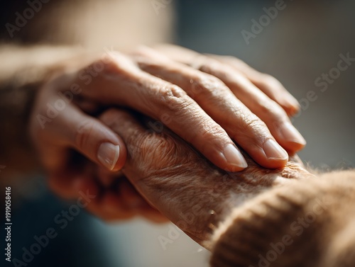 Younger adult hand placed gently over elderly person’s wrinkled hand. Indoor scene suitable for themes of dementia care, senior support, or family caregiving