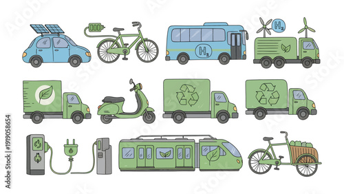 Eco-Friendly Transport: A collection of various sustainable transportation options, showcasing the future of mobility. Featuring solar-powered cars, electric bikes, and eco-friendly trucks.