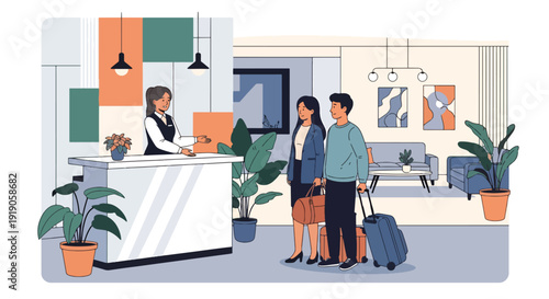 Hotel travel vector illustration of guests checking in at reception desk with luggage and concierge service. Modern hospitality and accommodation activity concept for tourism and vacation marketing
