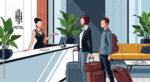 Hotel travel vector illustration of guests checking in at reception desk with luggage and concierge service. Modern hospitality and accommodation activity concept for tourism and vacation marketing