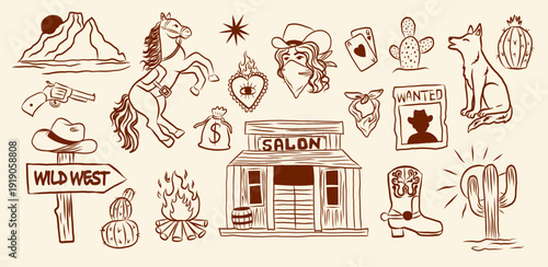 Cowgirl, hat, boots, horse, skull, coyote, cacti and canyon. Hand drawn Western elements