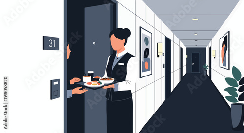 Hotel travel vector illustration of room service staff delivering food tray to guest room door. Hospitality service and vacation accommodation activity concept for tourism marketing visuals