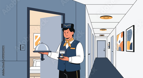 Hotel travel vector illustration of room service staff delivering food tray to guest room door. Hospitality service and vacation accommodation activity concept for tourism marketing visuals