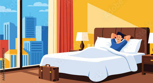 Hotel travel vector illustration of guest relaxing in comfortable hotel bedroom with window view and luggage. Vacation accommodation lifestyle and hospitality activity concept