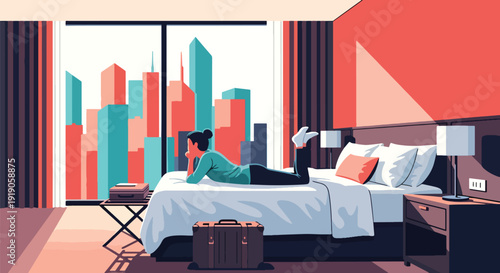 Hotel travel vector illustration of guest relaxing in comfortable hotel bedroom with window view and luggage. Vacation accommodation lifestyle and hospitality activity concept