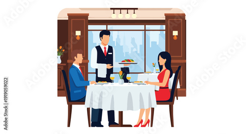 Hotel travel vector illustration of guests dining in hotel restaurant with waiter service and elegant interior. Vacation hospitality and accommodation activity concept for tourism