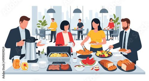 Hotel travel vector illustration of guests enjoying breakfast buffet with various food choices. Vacation hospitality and accommodation morning activity concept for tourism visuals