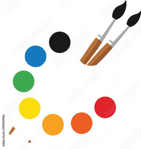 Professional vector illustration of a wooden artist palette with vibrant paint colors and two brushes for creative arts and design branding