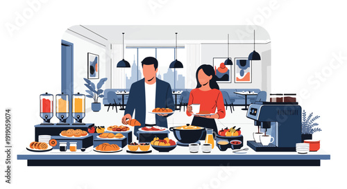 Hotel travel vector illustration of guests enjoying breakfast buffet with various food choices. Vacation hospitality and accommodation morning activity concept for tourism visuals