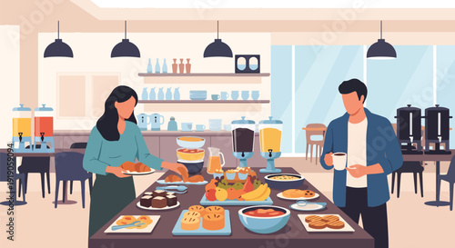 Hotel travel vector illustration of guests enjoying breakfast buffet with various food choices. Vacation hospitality and accommodation morning activity concept for tourism visuals