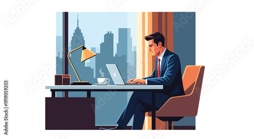 Hotel travel vector illustration of business traveler working on laptop in hotel room workspace. Corporate travel accommodation and productivity activity concept