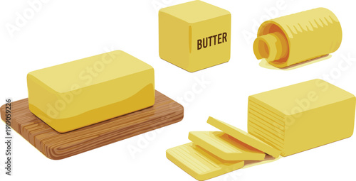 Professional vector illustration set of fresh dairy butter including blocks, sliced portions, and butter curls on a wooden board for bakery and culinary branding
