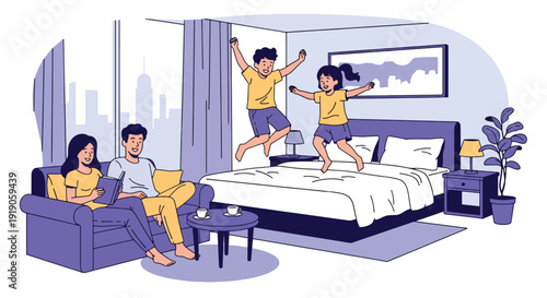 Hotel travel vector illustration of family enjoying stay in hotel room with kids playing and parents relaxing. Vacation accommodation and hospitality lifestyle activity concept for tourism marketing