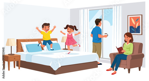 Hotel travel vector illustration of family enjoying stay in hotel room with kids playing and parents relaxing. Vacation accommodation and hospitality lifestyle activity concept for tourism marketing