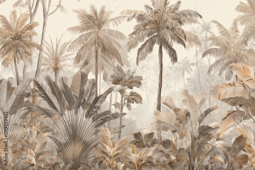 Tropical scene depicts palm trees, lush vegetation, and a dense, layered jungle environment