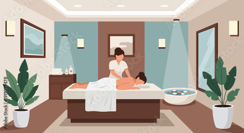 Hotel travel vector illustration of guest receiving massage at hotel spa. Wellness and relaxation activity concept for luxury vacation accommodation and hospitality tourism marketing