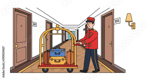 Hotel travel vector illustration of bellboy carrying luggage to guest room corridor. Hospitality service and accommodation support activity concept for tourism and vacation visuals