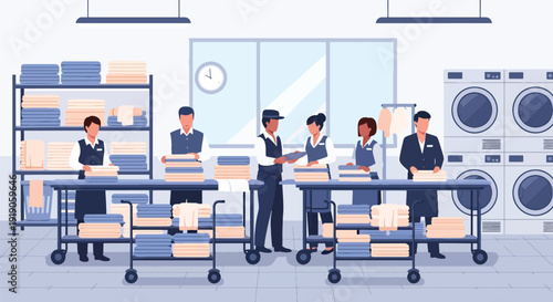 Hotel travel vector illustration of staff folding towels and linens in hotel laundry room. Hospitality service and accommodation maintenance activity concept