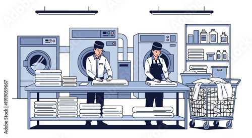Hotel travel vector illustration of staff folding towels and linens in hotel laundry room. Hospitality service and accommodation maintenance activity concept