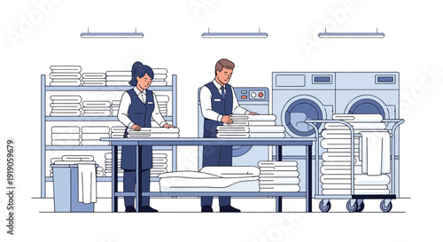 Hotel travel vector illustration of staff folding towels and linens in hotel laundry room. Hospitality service and accommodation maintenance activity concept