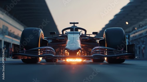 Close-up view of a modern Formula 1 race car with flames coming from the exhaust in a pit lane.