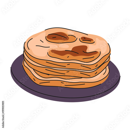 Pita bread or food wrap for meat, vegetable. Vector Arabian, middle east, Mediterranean round, soft bread baked in oven. Nutrient for salad and hummus, falafel. Cooking and turkey, Lebanese culinary.