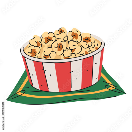 American popcorn or cinema, movie food pack. Vector bucket or box, bag of salty or sweet snack for theater or party. Airy nutrient portion or popped corn portion. Meal or dish for entertainment.