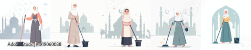 vector of muslim woman cleaning mosque in ramadan