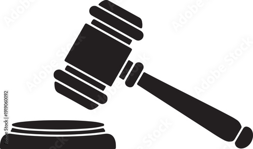 Black silhouette of a judge's gavel and sound block, representing law, justice, and auctions. This vector illustration is isolated on a transparent background