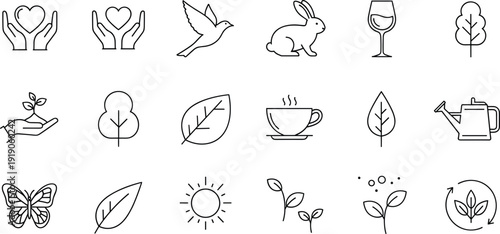 Professional vector set of minimalist line icons featuring nature, sustainability, wellness, and lifestyle symbols for modern brand identity