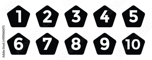 Minimalist black pentagon number set from one to ten featuring bold white typography for instructional charts and graphics
