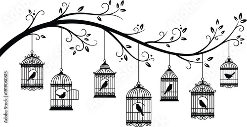 Bird cages hanging on tree branch, decorative vintage silhouette illustration isolated on white background ornate vector design