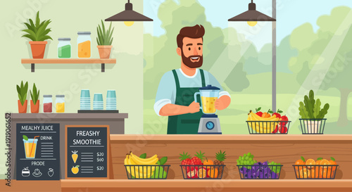 Man making smoothie at juice bar with fresh fruits and plants