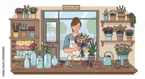 Florist Arranging Bouquet in Charming Flower Shop
