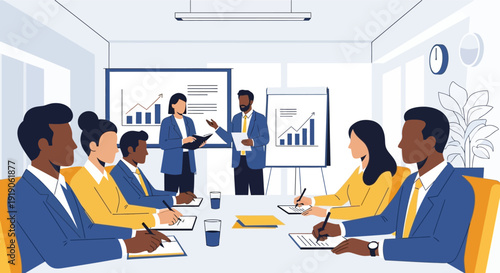 A diverse group of business professionals attending a corporate meeting and presentation in a modern office boardroom.