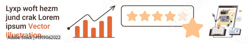 Business analytics, customer satisfaction, digital evaluation, performance metrics, online reviews, rating system. Chart with rising bars, five stars and a digital review. Business analytics