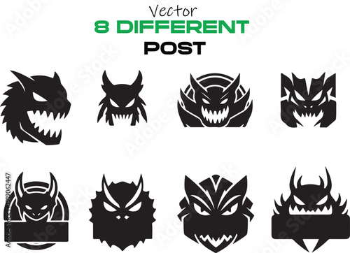 Collection of 8 unique monster face stencils for art and design